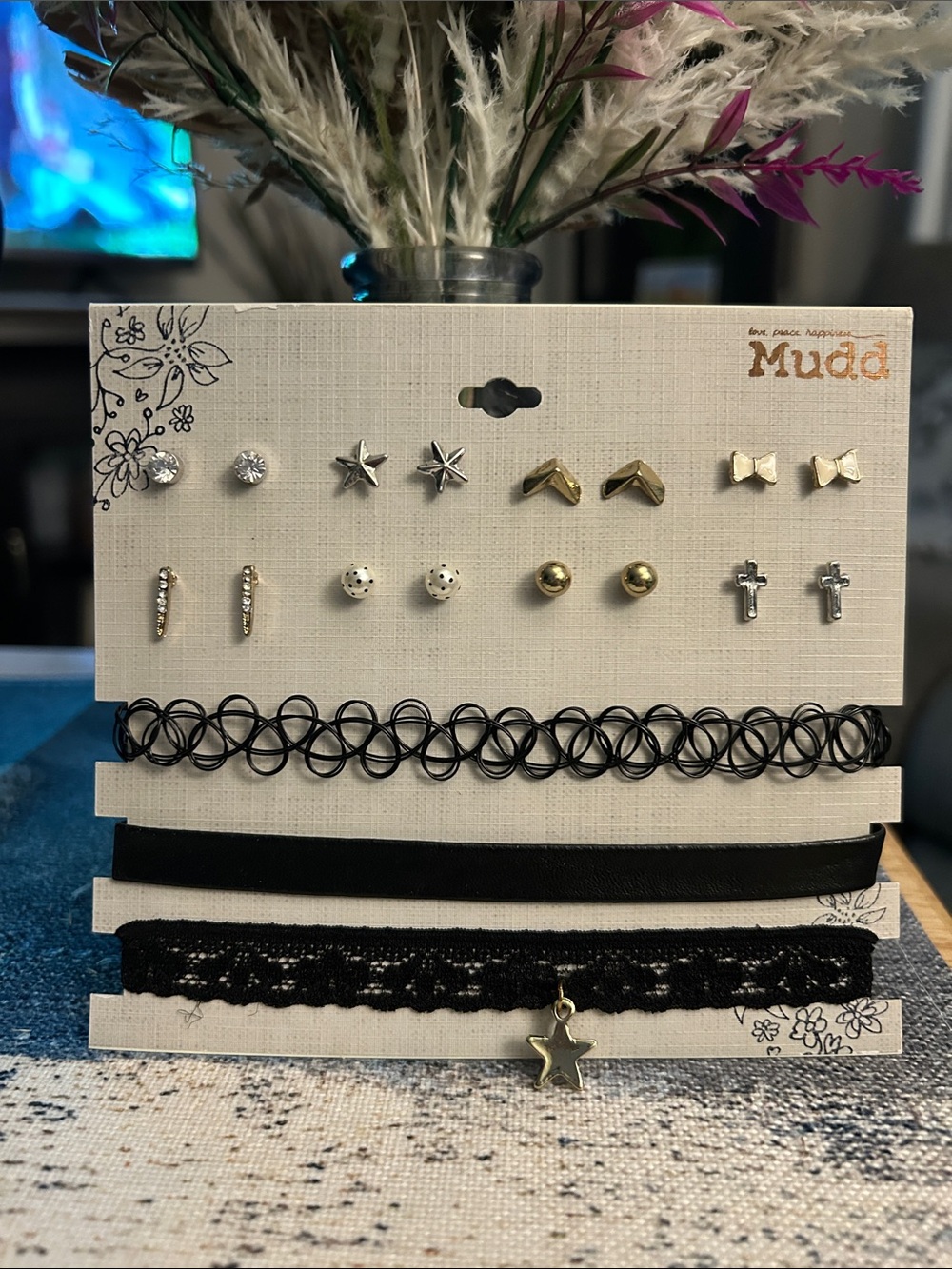 Mudd Black Choker Trio with Gold & Silver Stud Earring Set